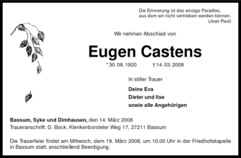 Todesanzeige von Eugen Castens von KREISZEITUNG SYKE