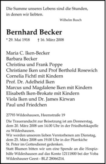 Todesanzeige von Bernhard Becker von KREISZEITUNG SYKE