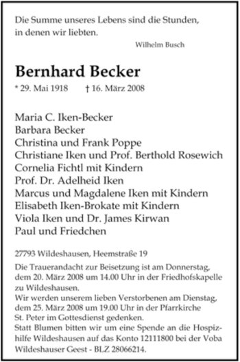 Todesanzeige von Bernhard Becker 