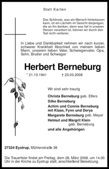 Todesanzeige von Herbert Berneburg von KREISZEITUNG SYKE