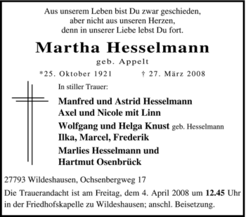 Todesanzeige von Martha Hesselmann von KREISZEITUNG SYKE