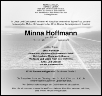 Todesanzeige von Minna Hoffmann von KREISZEITUNG SYKE