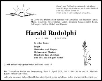 Todesanzeige von Harald Rudolphi von KREISZEITUNG SYKE