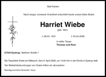 Todesanzeige von Harriet Wiebe von KREISZEITUNG SYKE