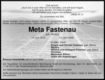 Todesanzeige von Meta Fastenau von KREISZEITUNG SYKE