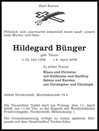 Todesanzeige von Hildegard Bünger von KREISZEITUNG SYKE