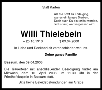 Todesanzeige von Willi Thielebein von KREISZEITUNG SYKE