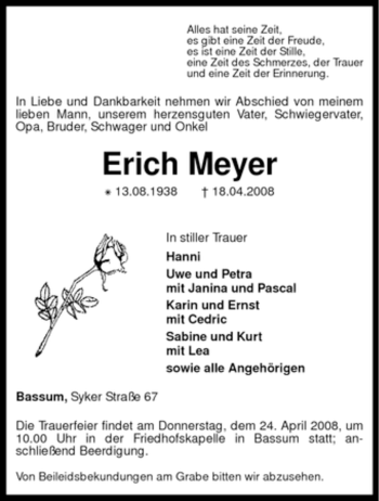 Todesanzeige von Erich Meyer von KREISZEITUNG SYKE