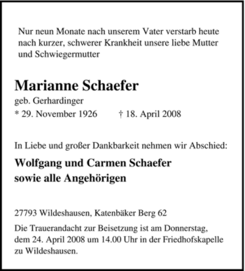 Todesanzeige von Marianne Schaefer von KREISZEITUNG SYKE