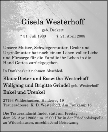 Todesanzeige von Gisela Westerhoff von KREISZEITUNG SYKE