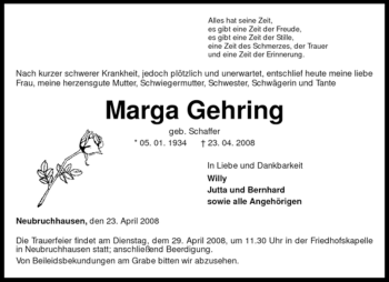 Todesanzeige von Marga Gehring von KREISZEITUNG SYKE