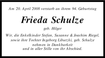 Todesanzeige von Frieda Schulze von KREISZEITUNG SYKE
