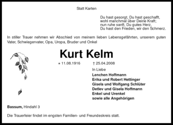 Todesanzeige von Kurt Kelm von KREISZEITUNG SYKE
