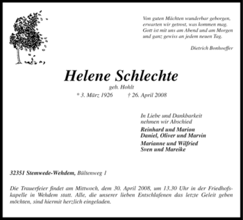 Todesanzeige von Helene Schlechte von KREISZEITUNG SYKE