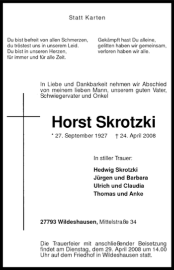 Todesanzeige von Horst Skrotzki von KREISZEITUNG SYKE