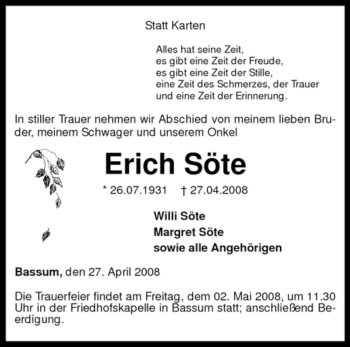 Todesanzeige von Erich Söte von KREISZEITUNG SYKE