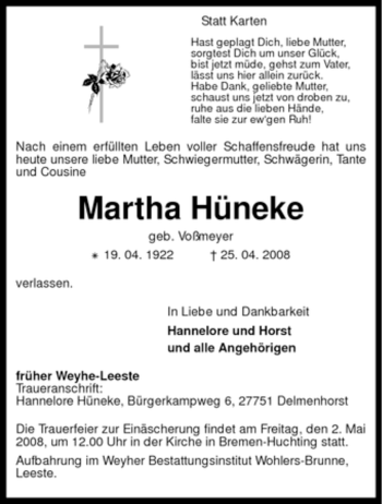 Todesanzeige von Martha Hüneke von KREISZEITUNG SYKE