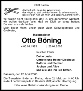 Todesanzeige von Otto Böning von KREISZEITUNG SYKE