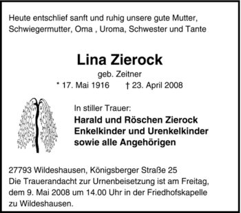 Todesanzeige von Zina Zierock von KREISZEITUNG SYKE