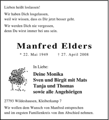 Todesanzeige von Manfred Elders von KREISZEITUNG SYKE