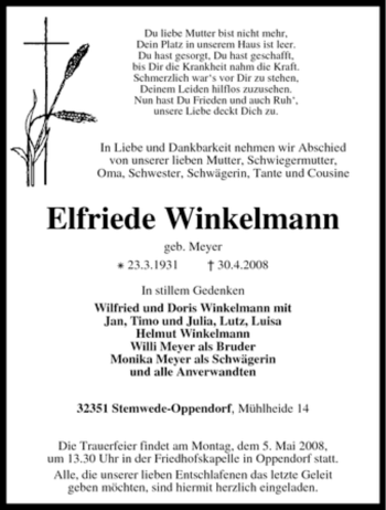 Todesanzeige von Elfriede Winkelmann von KREISZEITUNG SYKE