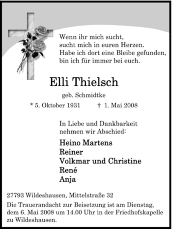 Todesanzeige von Elli Thielsch von KREISZEITUNG SYKE