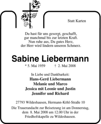 Todesanzeige von Sabine Liebermann von KREISZEITUNG SYKE