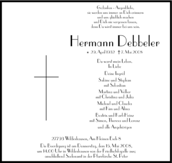 Todesanzeige von Hermann Debbeler von KREISZEITUNG SYKE
