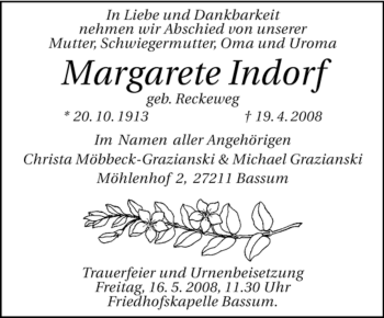 Todesanzeige von Margarete Indorf von KREISZEITUNG SYKE
