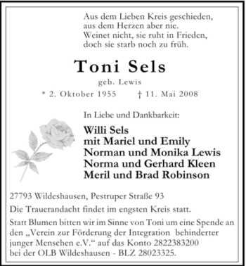 Todesanzeige von Toni Sels 