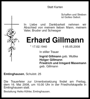 Todesanzeige von Erhard Gillmann von KREISZEITUNG SYKE