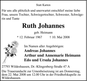 Todesanzeige von Ruth Johannes von KREISZEITUNG SYKE