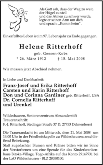 Todesanzeige von Helene Ritterhoff von KREISZEITUNG SYKE