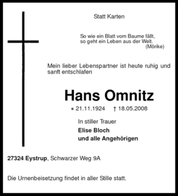 Todesanzeige von Hans Omnitz von KREISZEITUNG SYKE