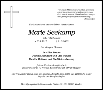 Todesanzeige von Marie Seekamp von KREISZEITUNG SYKE