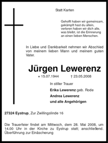 Todesanzeige von Jürgen Lewerenz von KREISZEITUNG SYKE
