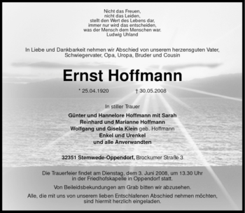 Todesanzeige von Ernst Hoffmann von KREISZEITUNG SYKE