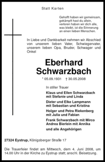 Todesanzeige von Eberhard Schwarzbach von KREISZEITUNG SYKE