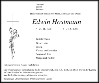 Todesanzeige von Edwin Hostmann von KREISZEITUNG SYKE