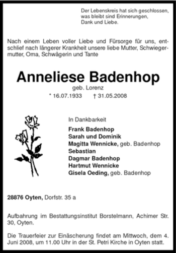 Todesanzeige von Anneliese Badenhop von KREISZEITUNG SYKE