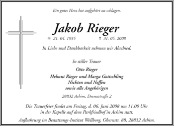 Todesanzeige von Jakob Rieger von KREISZEITUNG SYKE
