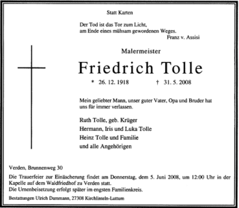 Todesanzeige von Friedrich Tolle von KREISZEITUNG SYKE