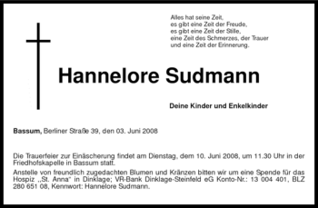 Todesanzeige von Hannelore Sudmann von KREISZEITUNG SYKE