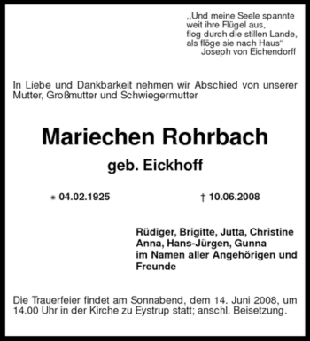 Todesanzeige von Mariechen Rohrbach von KREISZEITUNG SYKE