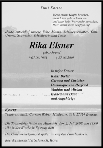 Todesanzeige von Rika Elsner von KREISZEITUNG SYKE