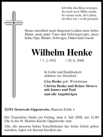 Todesanzeige von Wilhelm Henke von KREISZEITUNG SYKE