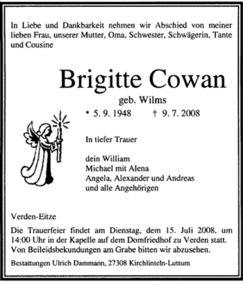Todesanzeige von Brigitte Cowan von KREISZEITUNG SYKE