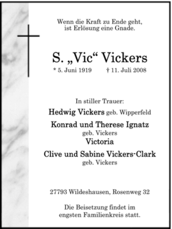 Todesanzeige von S. Vickers von KREISZEITUNG SYKE