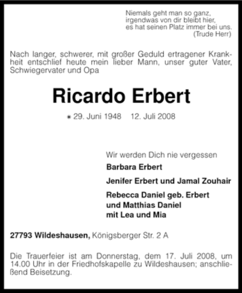 Todesanzeige von Ricardo Erbert von KREISZEITUNG SYKE