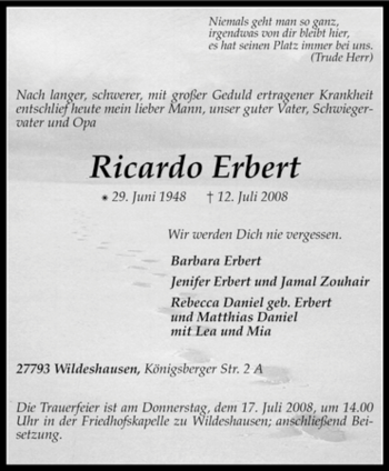 Todesanzeige von Ricardo Erbert von KREISZEITUNG SYKE